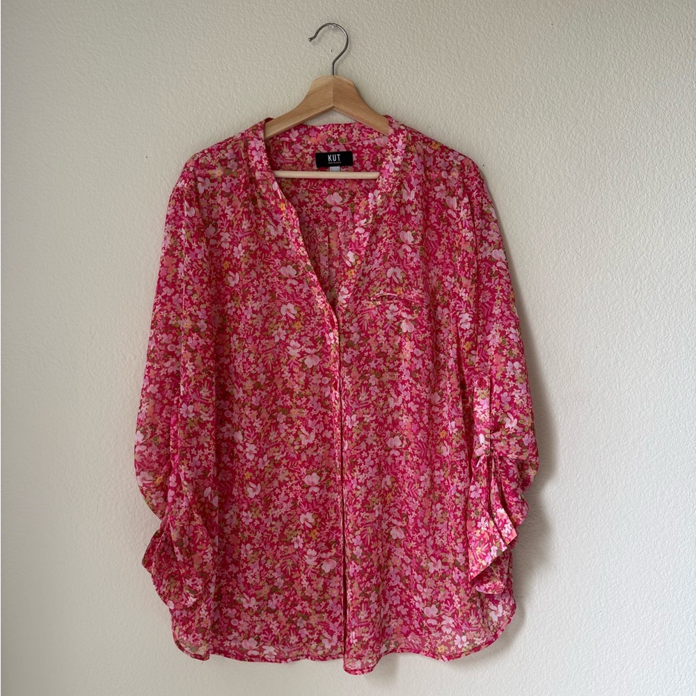 Kut from the Kloth Fuchsia Floral Split-Neck Blouse